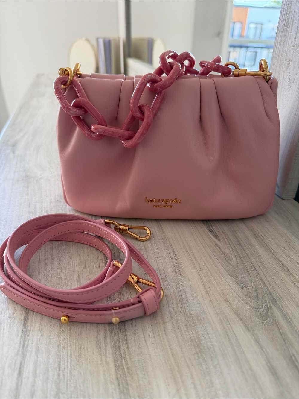 Kate Spade Pink Souffle Handbag w Resin and Crossbody Strap